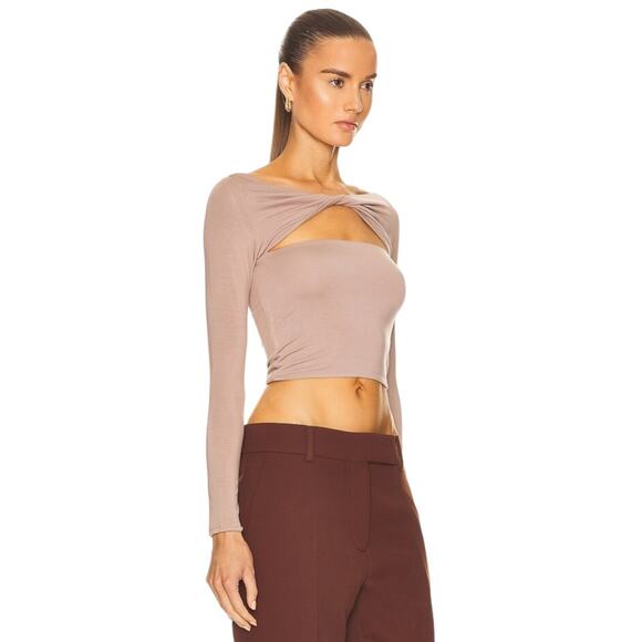 SER.O.YA Artemis Cut-out Long Sleeve Jersey Top in Dark Beige - Picture 2 of 7